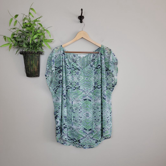 CAbi Tops - Cabi #746 Sheer Darby Snake Print Cap Sleeve V Neck Blouse Top Beachy Shirt L